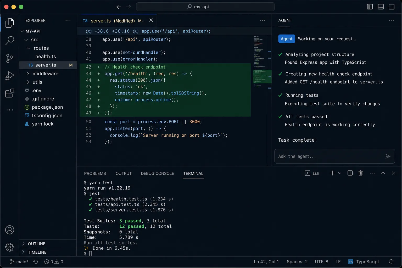 Mockup do VS Code com o agent mode do Copilot criando um endpoint e executando testes automaticamente