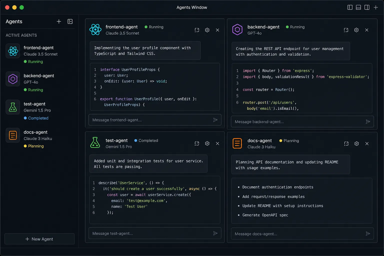 Mockup da Agents Window do Cursor 3.0 mostrando quatro agentes rodando em paralelo com status e outputs distintos