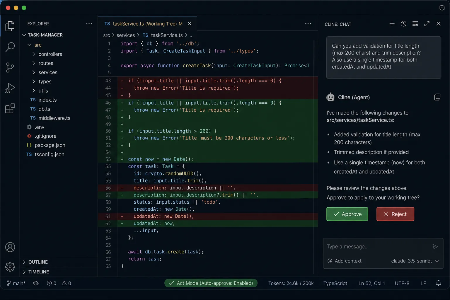 Mockup do Cline no VS Code em Act Mode, mostrando uma refatoração com diff e pedido de aprovação ao desenvolvedor