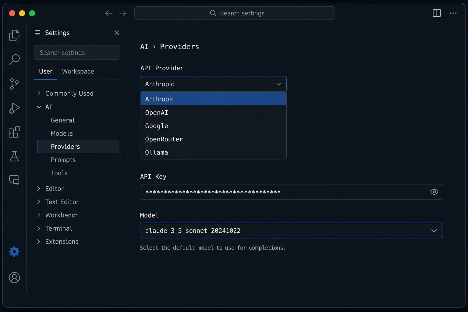 Tela de configuração do Cline mostrando seleção de provedor de API e modelo de IA