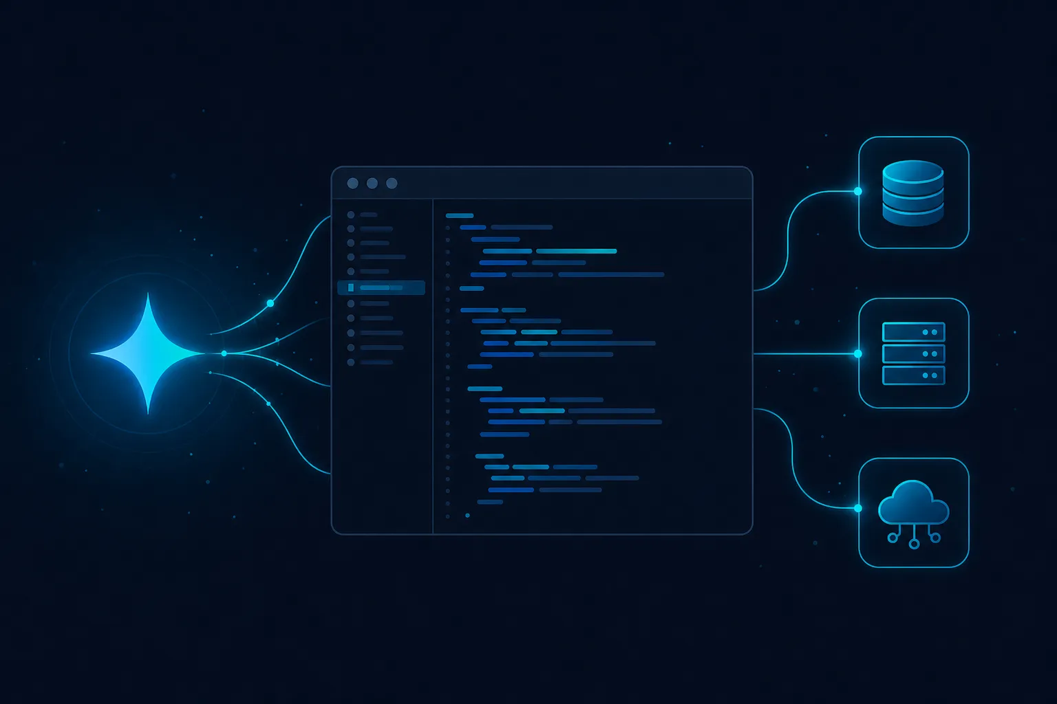 Ilustração do Gemini Code Assist conectando um editor de código a serviços Google Cloud