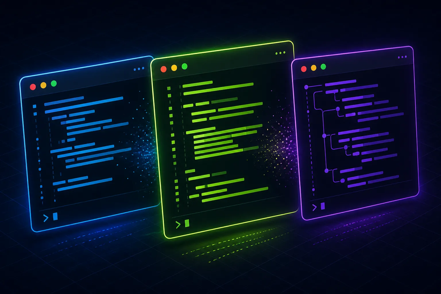 Três terminais estilizados representando OpenCode, Pi e Cline em composição comparativa com cores distintas