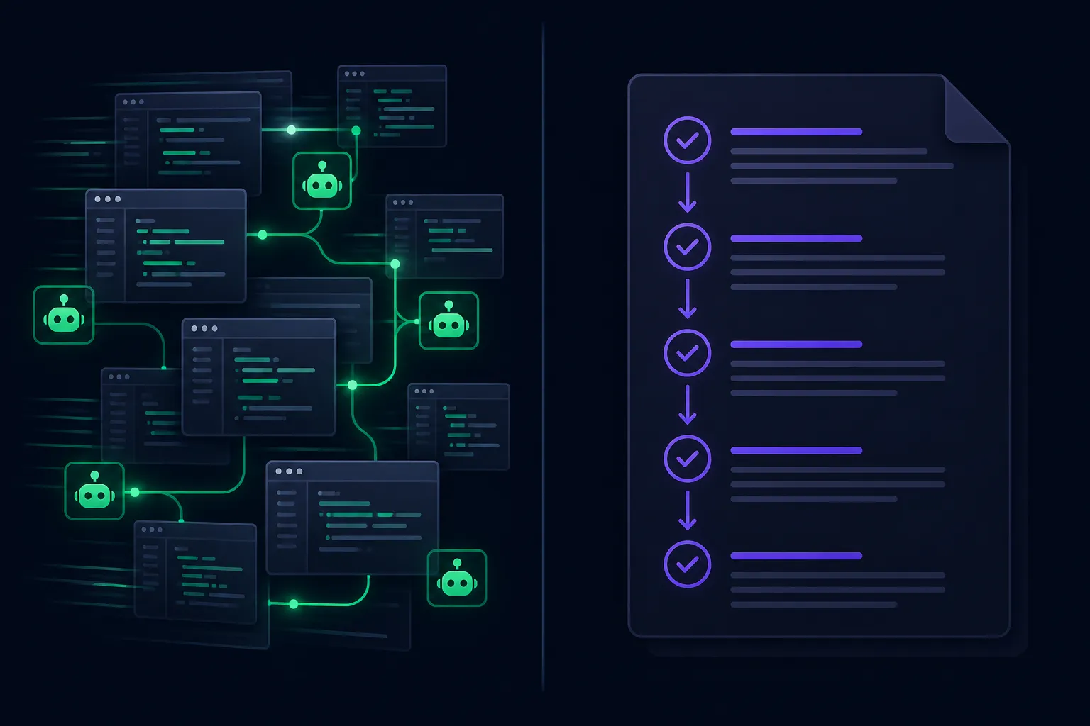 Ilustração comparativa mostrando multi-agente paralelo versus workflow estruturado sequencial
