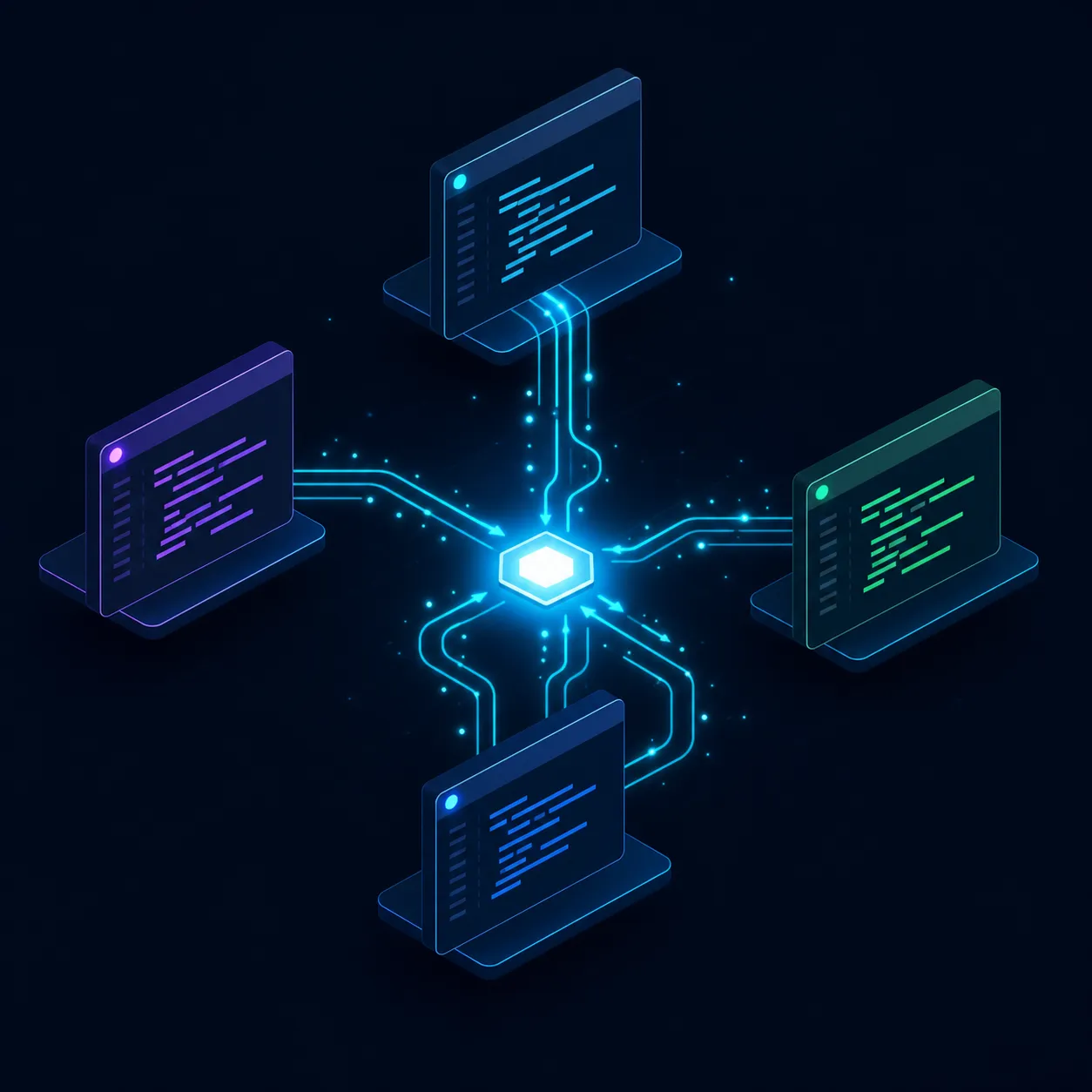 Ilustração de múltiplos agentes de codificação trabalhando em paralelo, conectados por linhas de coordenação que convergem para um ponto de integração