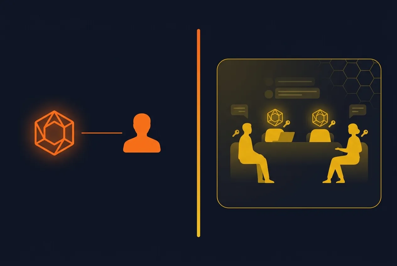 Ilustração comparativa mostrando Kiro Crew como agente pessoal conectado a um humano à esquerda versus Buzz como workspace colaborativo onde humanos e agentes trabalham juntos como membros da equipe à direita
