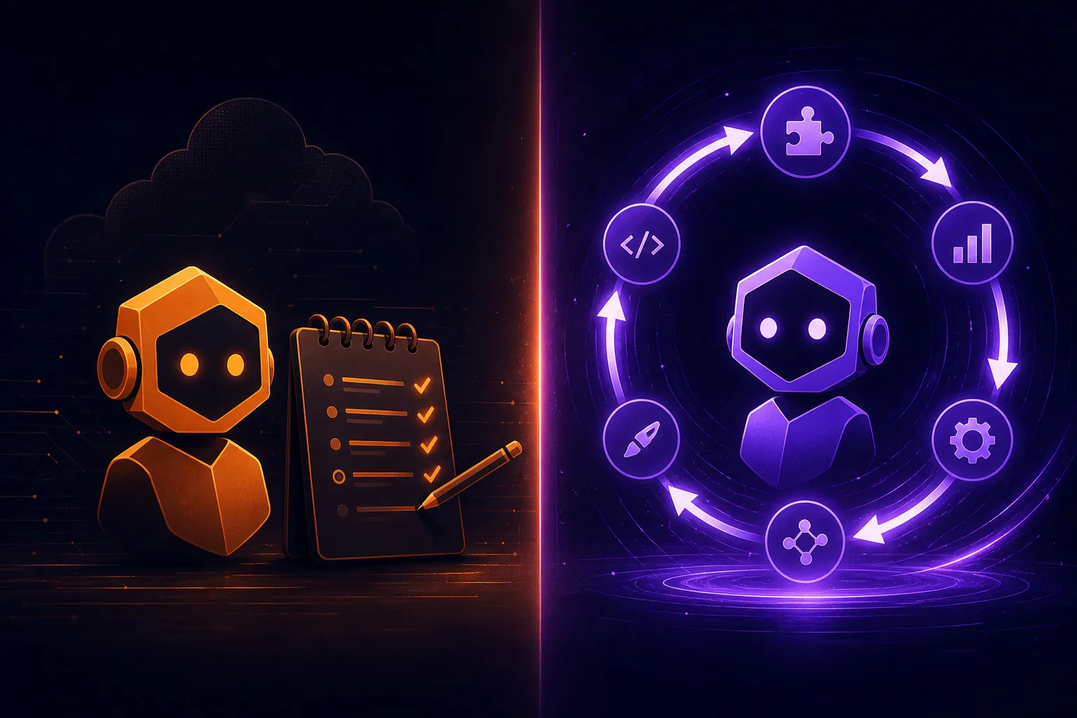 Ilustração comparativa mostrando Kiro Crew com aprendizado passivo (lessons sendo anotadas) à esquerda versus Hermes Agent com learning loop ativo e self-improvement à direita