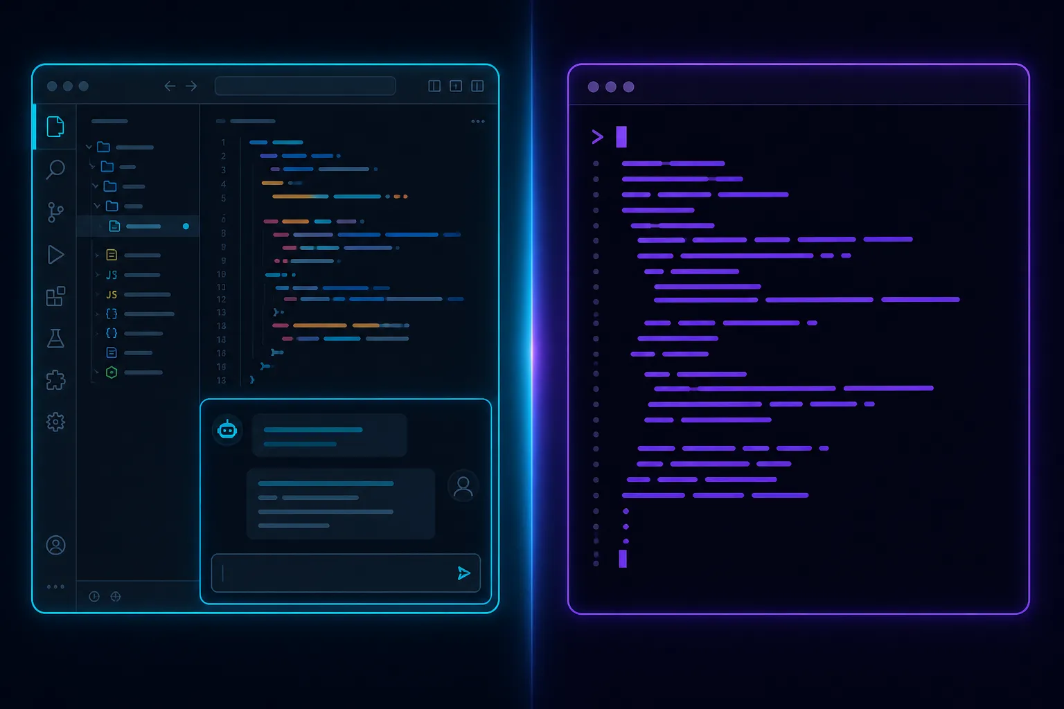 Ilustração comparativa mostrando uma IDE com IA integrada à esquerda e um terminal CLI autônomo à direita, representando os dois paradigmas de agentes de codificação