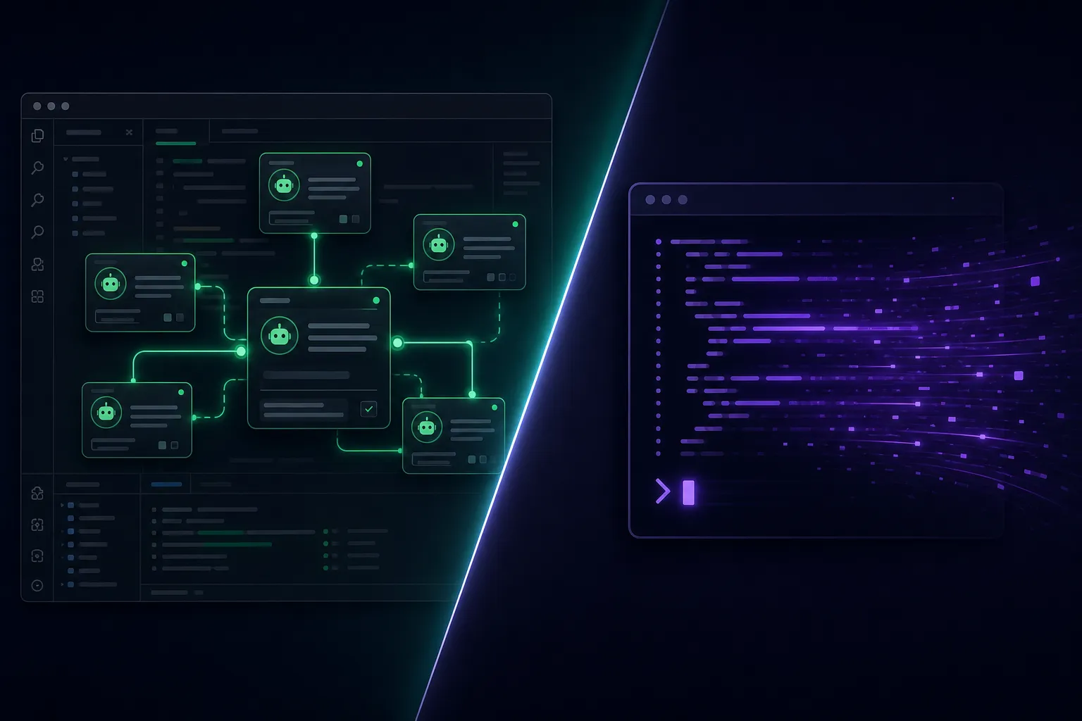 Ilustração comparativa mostrando uma IDE multi-agente à esquerda e um terminal autônomo à direita, representando Google Antigravity vs Claude Code