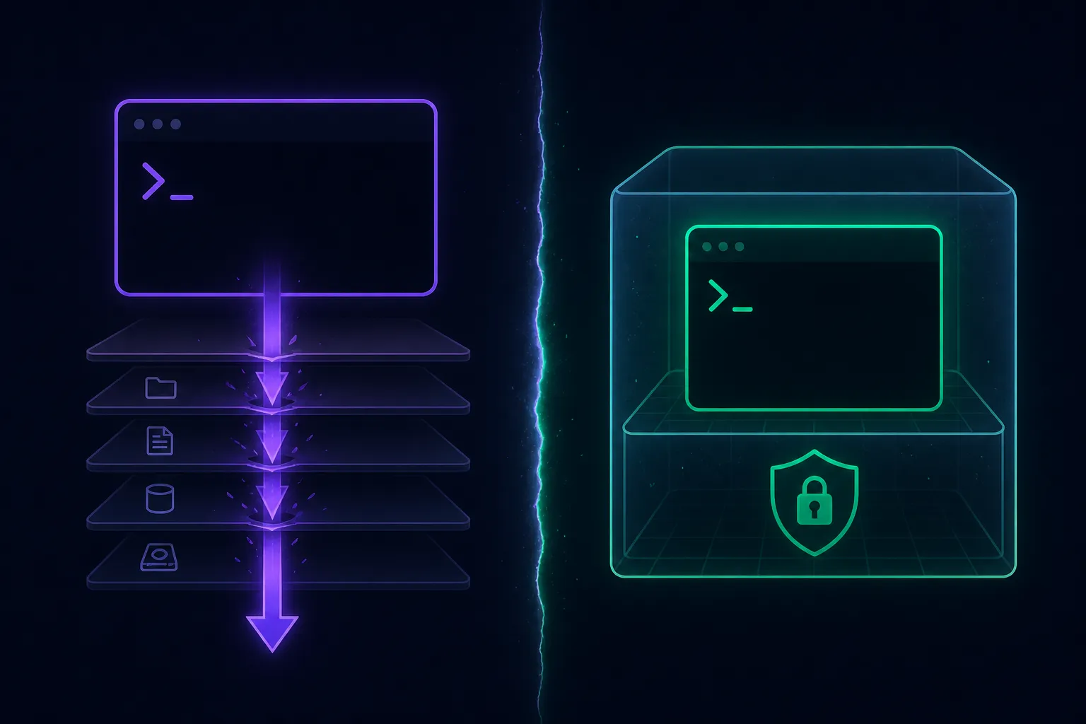 Ilustração comparativa mostrando dois terminais lado a lado — Claude Code com acesso direto ao filesystem e Codex CLI em sandbox isolado