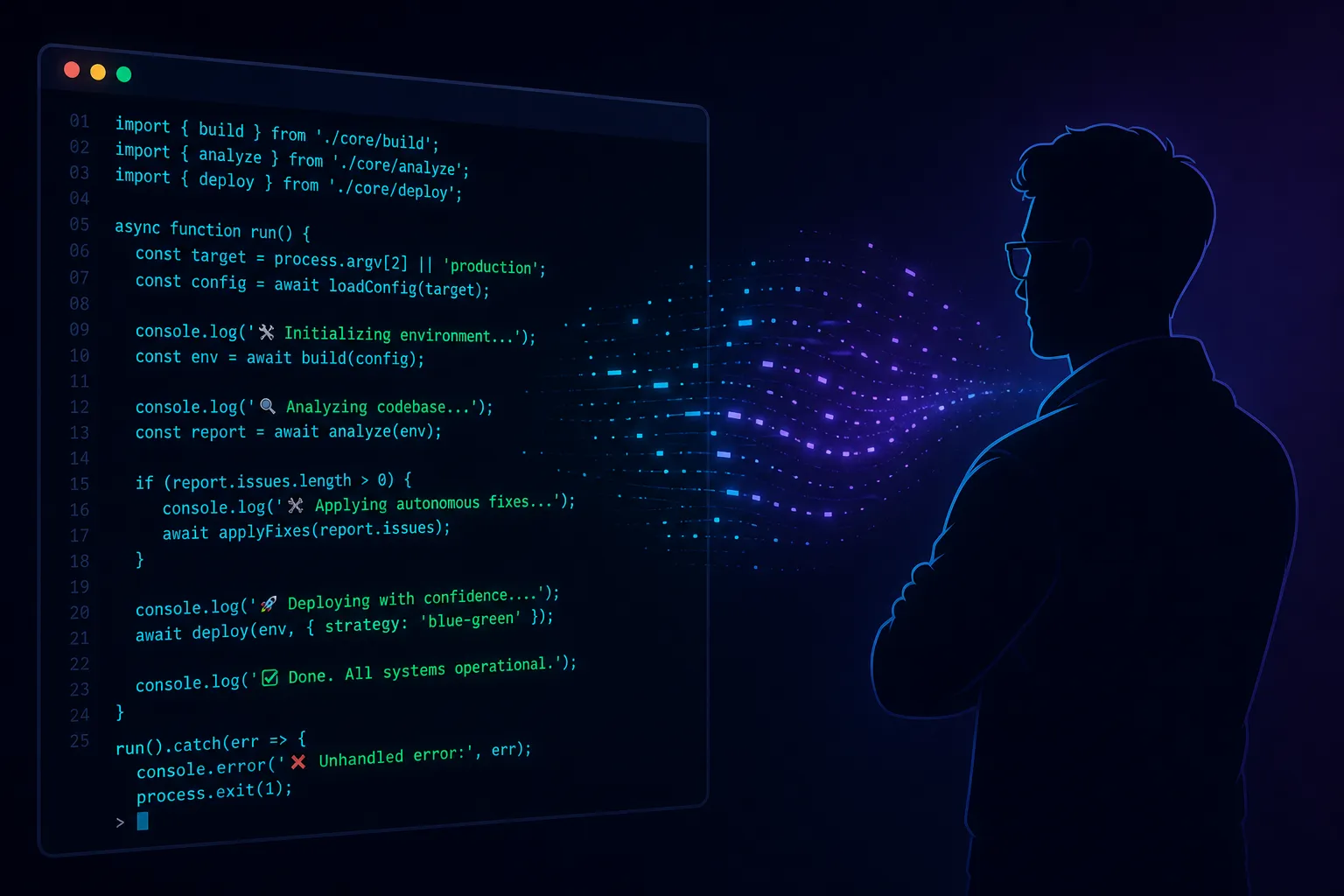 Ilustração de um desenvolvedor supervisionando um terminal onde código é escrito autonomamente por IA, representando o Claude Code