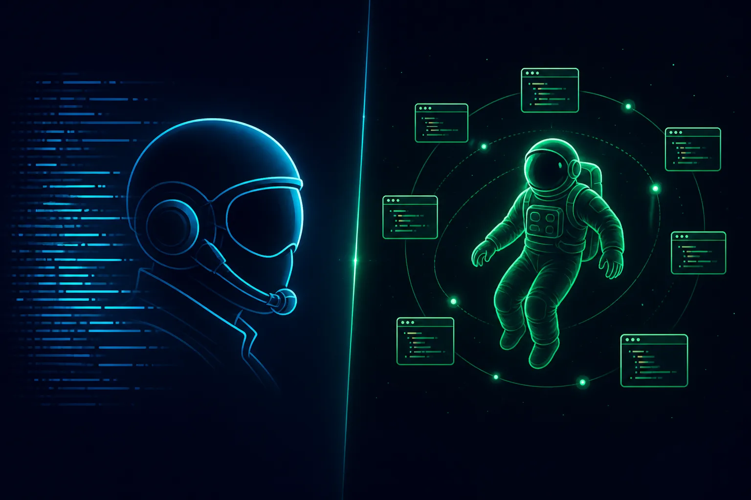 Ilustração comparativa entre GitHub Copilot e Google Antigravity, representados por ícones estilizados em ciano e verde sobre fundo escuro