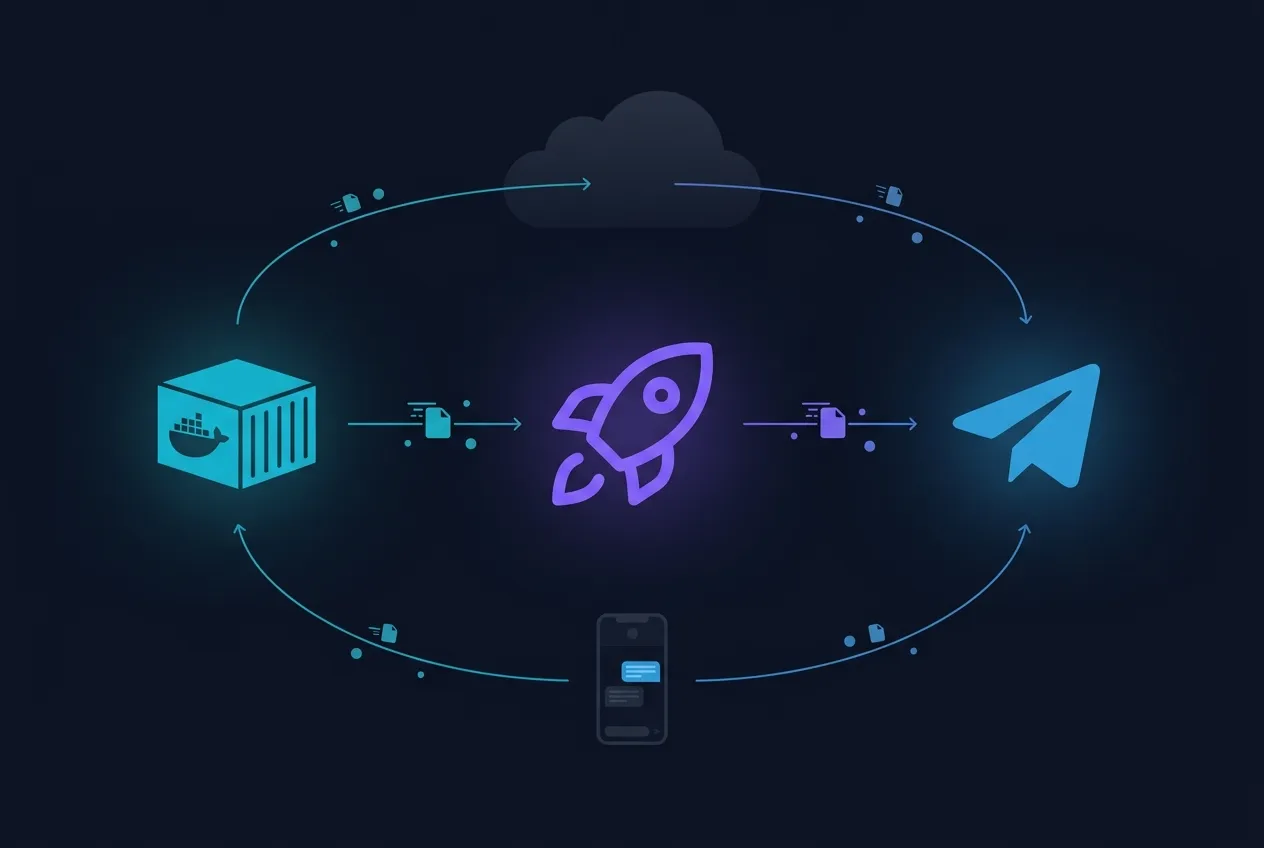 Diagrama de deploy mostrando container Docker, Coolify e Telegram conectados, representando o fluxo de instalação do Kiro Crew