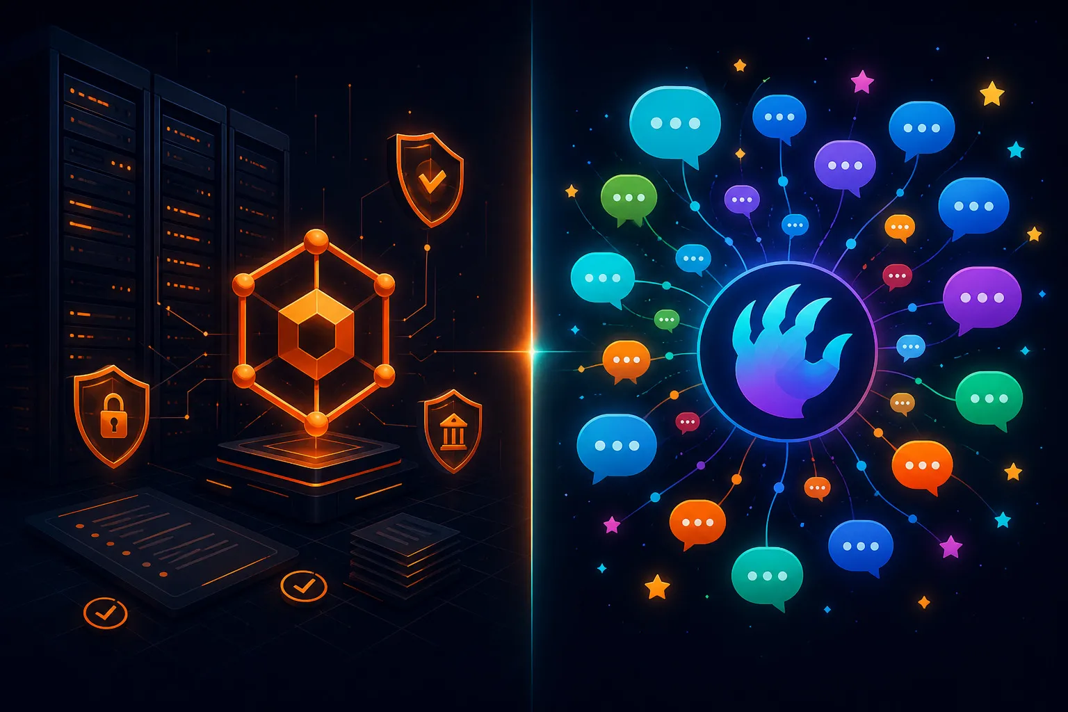Ilustração comparativa mostrando Kiro Crew com visual enterprise e governança à esquerda versus OpenClaw com rede vibrante de integrações de chat e comunidade à direita