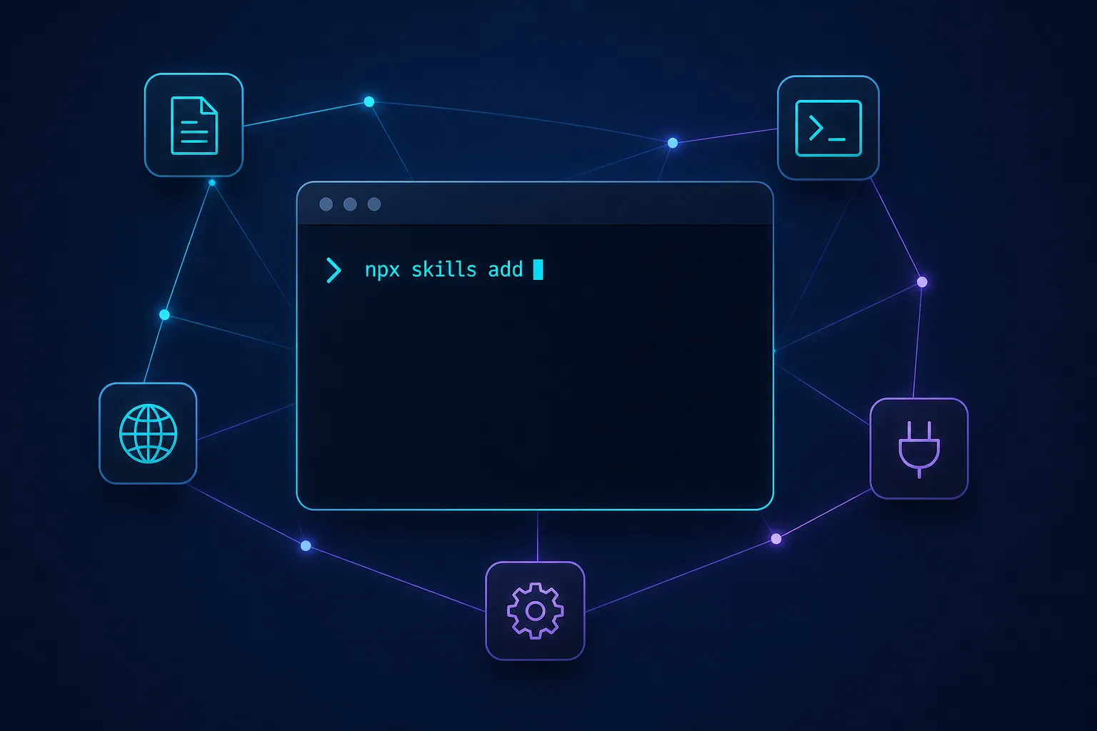 Terminal com comando npx skills add conectado a múltiplos ícones de ferramentas formando uma constelação sobre fundo escuro
