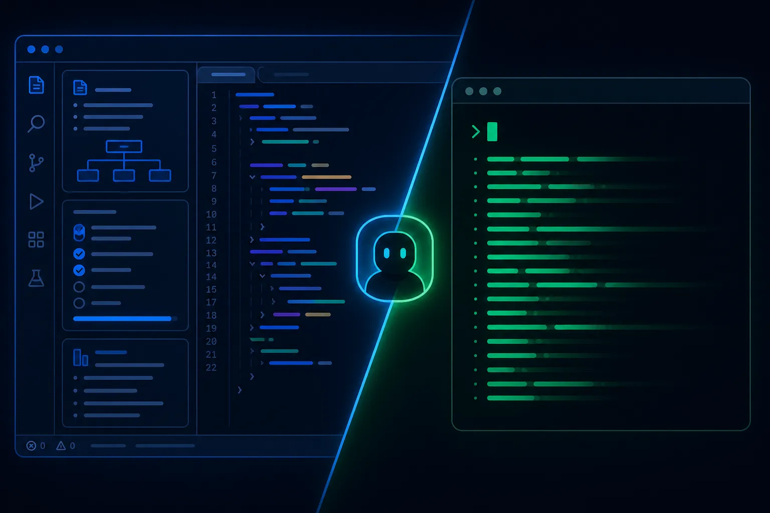 Composição visual dividida mostrando uma IDE com specs à esquerda e um terminal com agente CLI à direita, representando os dois modos de uso do Kiro