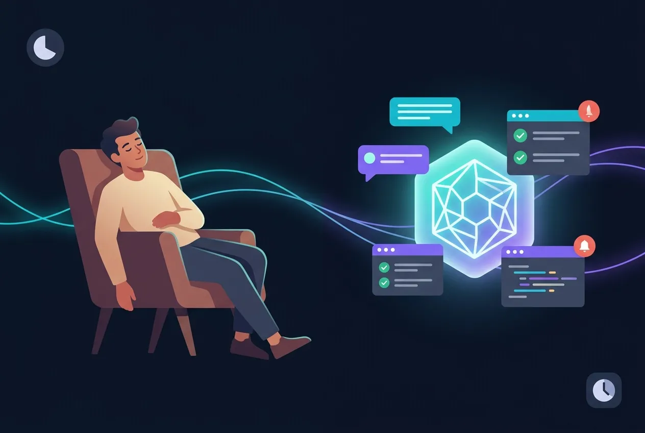 Ilustração de um desenvolvedor descansando enquanto um agente de IA trabalha em segundo plano, com dashboards e tarefas sendo executadas automaticamente