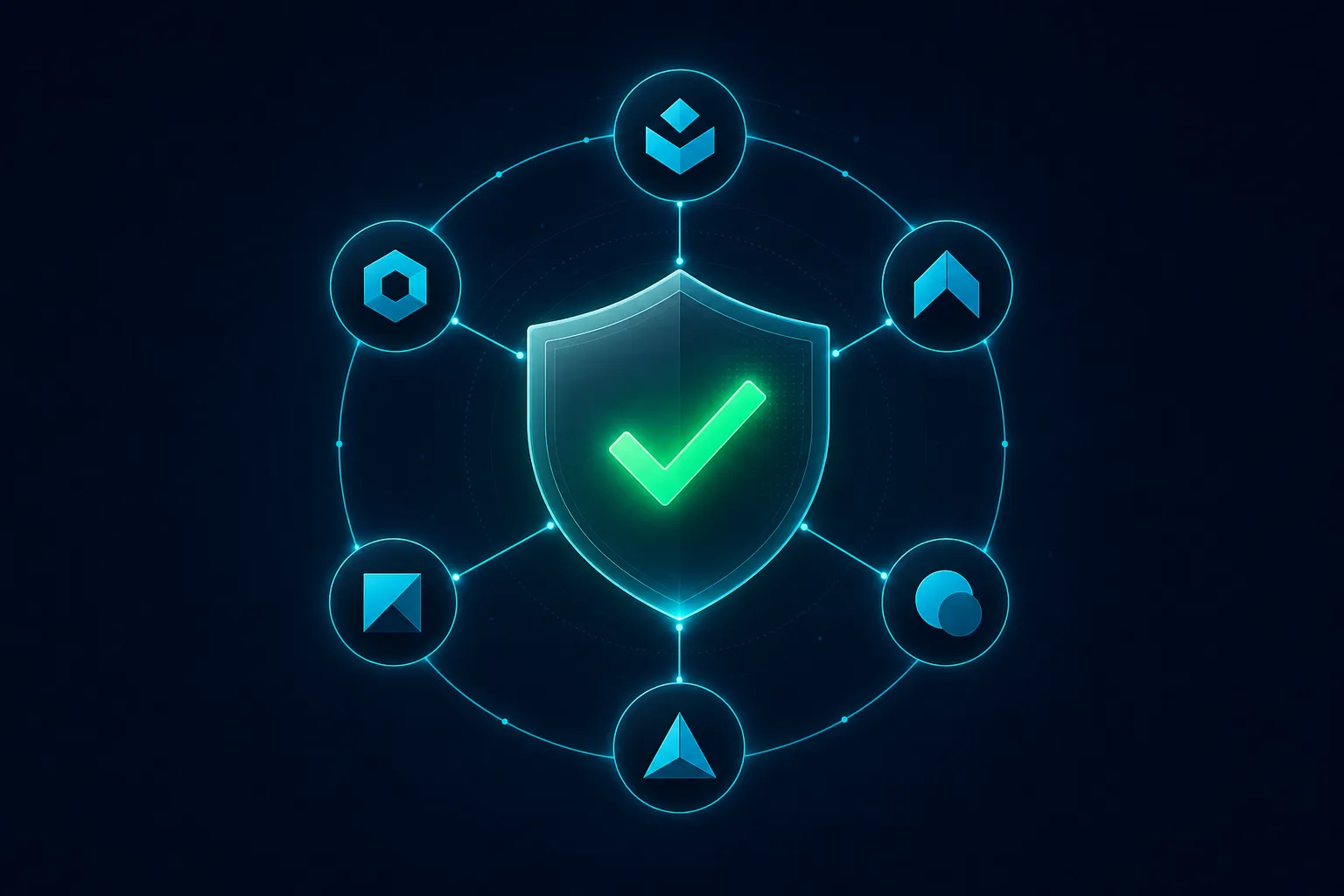 Escudo de verificação com checkmark verde cercado por ícones de empresas tech em órbita, representando o diretório curado officialskills.sh
