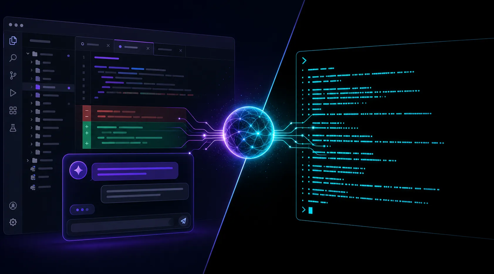 Ilustração dividida mostrando uma IDE com interface visual à esquerda e um terminal CLI à direita, representando os dois modelos de agente de codificação