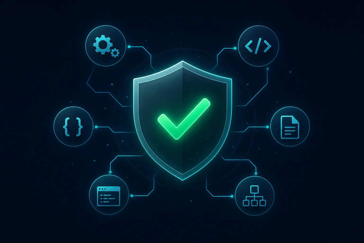 Escudo de segurança com checkmark verde cercado por ícones de skills de codificação, representando verificação e proteção