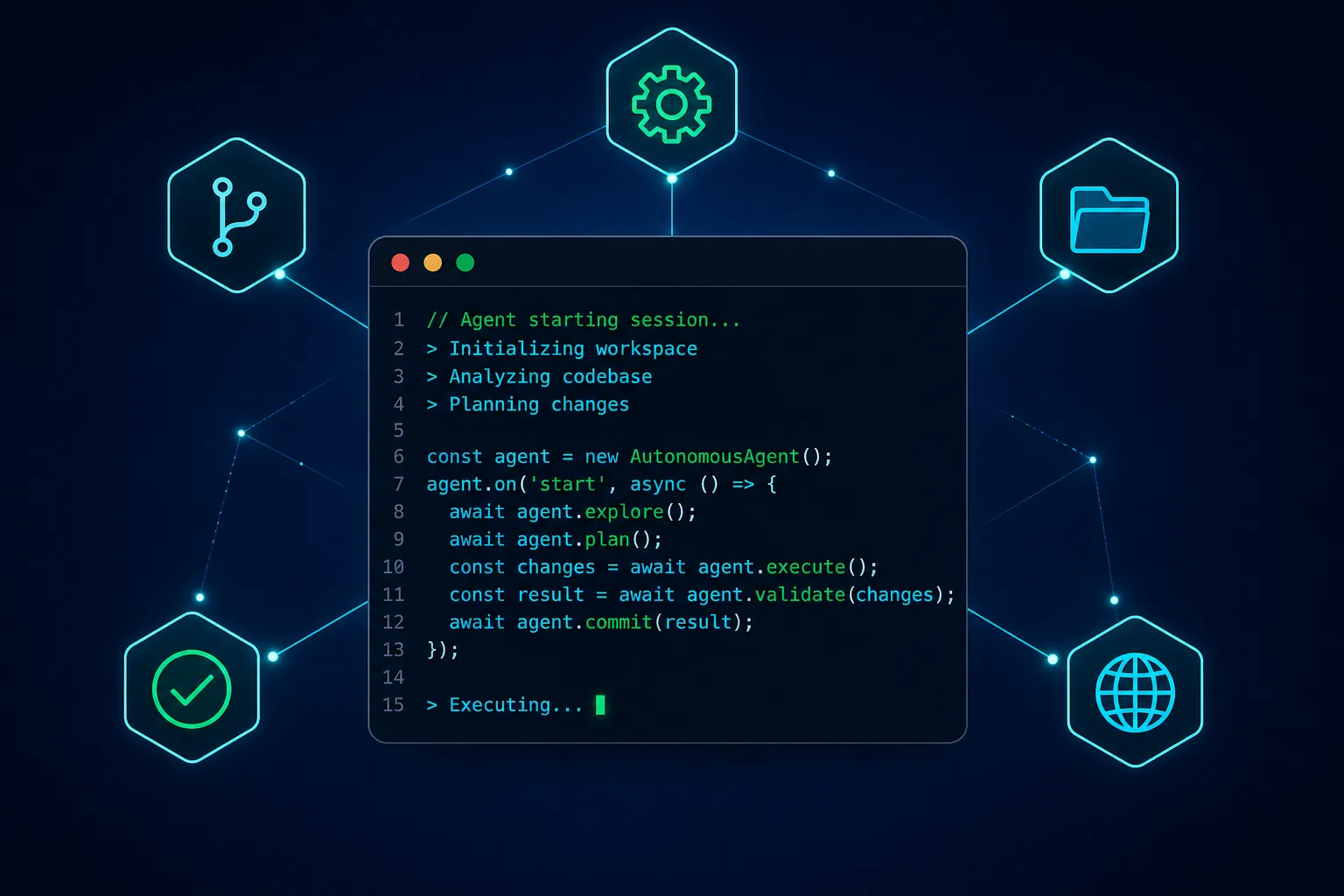 Ilustração de um terminal com código sendo escrito autonomamente por IA, cercado por ícones representando as capacidades do agent mode do GitHub Copilot
