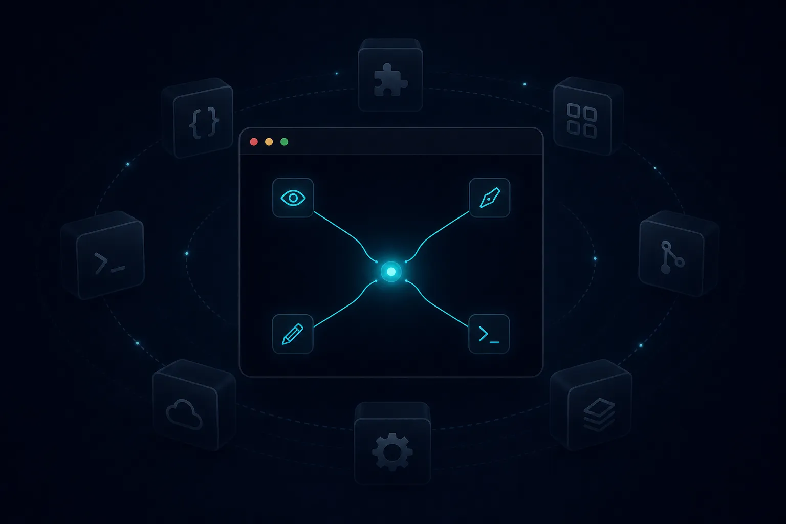 Ilustração minimalista de um terminal com quatro ferramentas base expandindo-se em um ecossistema de extensões
