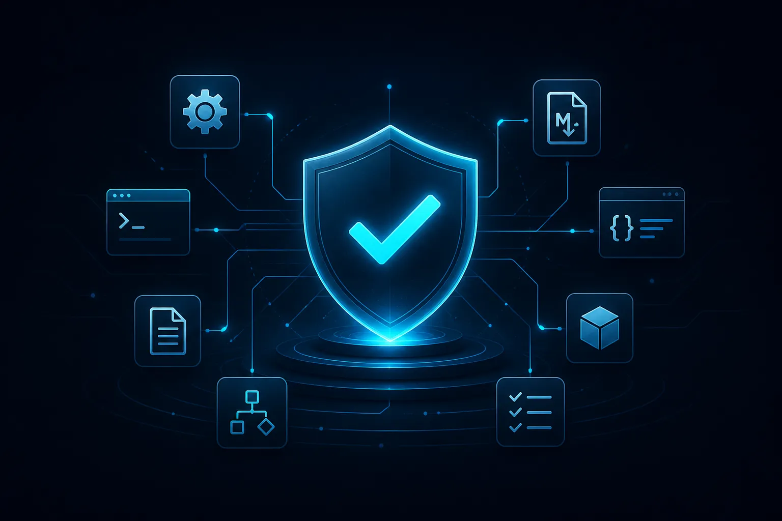 Escudo de segurança cercado por ícones de skills de agentes de IA, representando o processo de certificação do skillscatalog.ai