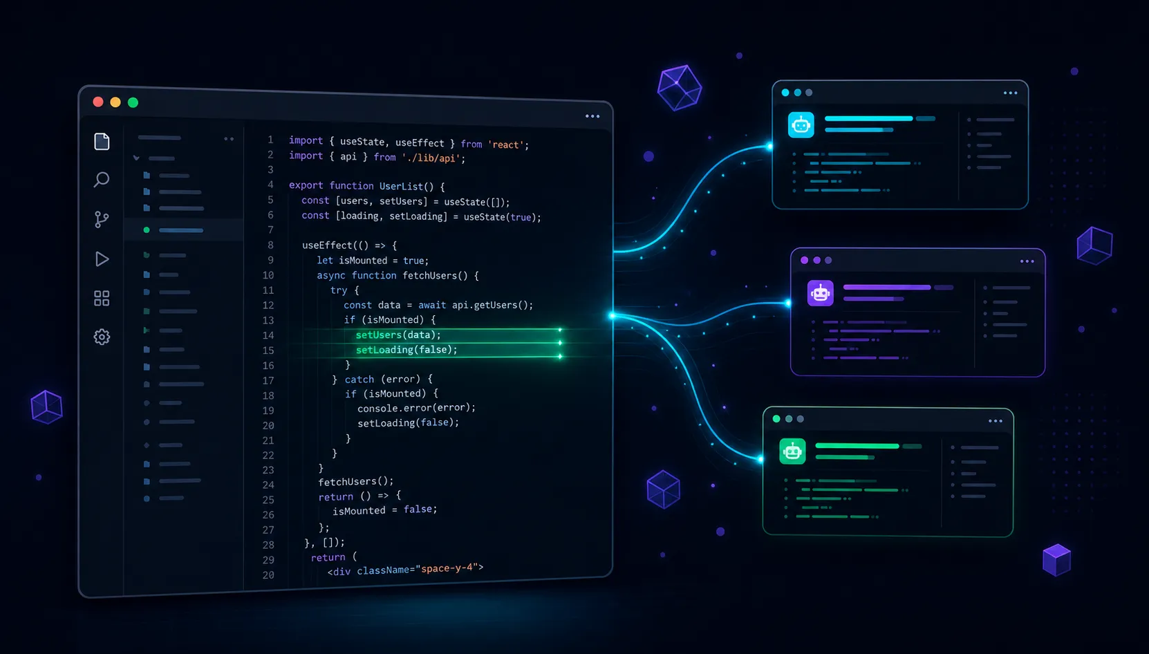 Ilustração de uma IDE com múltiplos agentes de IA trabalhando em paralelo, representando o Cursor 3.0