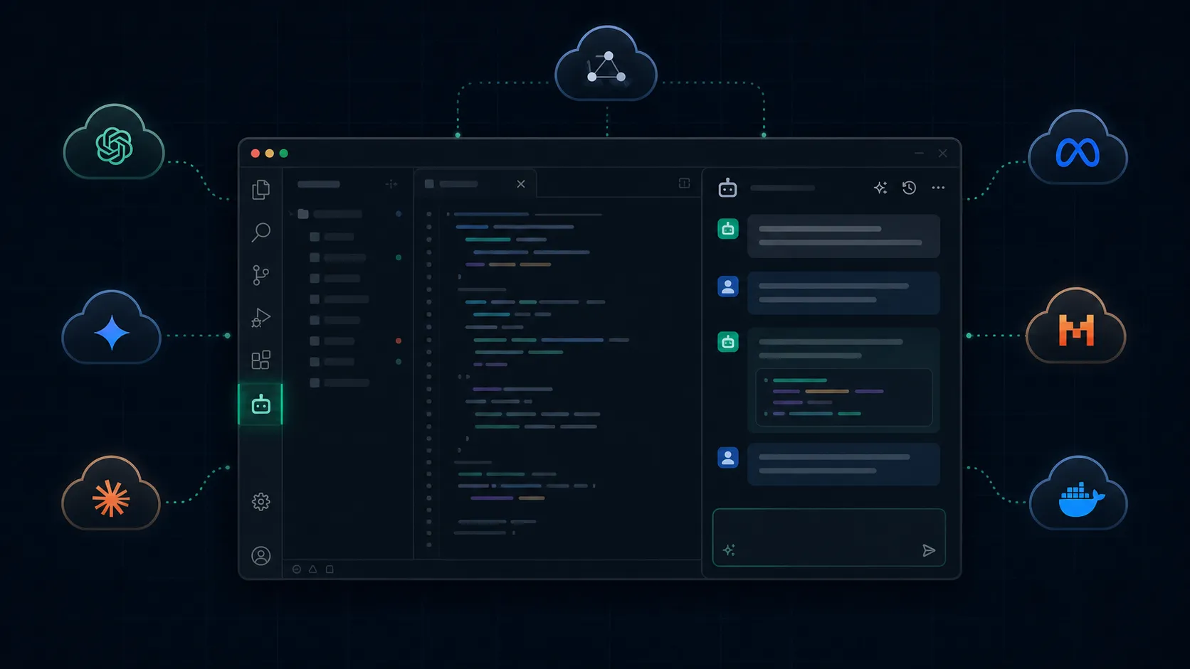 Ilustração do Cline rodando no VS Code com conexões a múltiplos provedores de IA, representando sua natureza open-source e multi-modelo