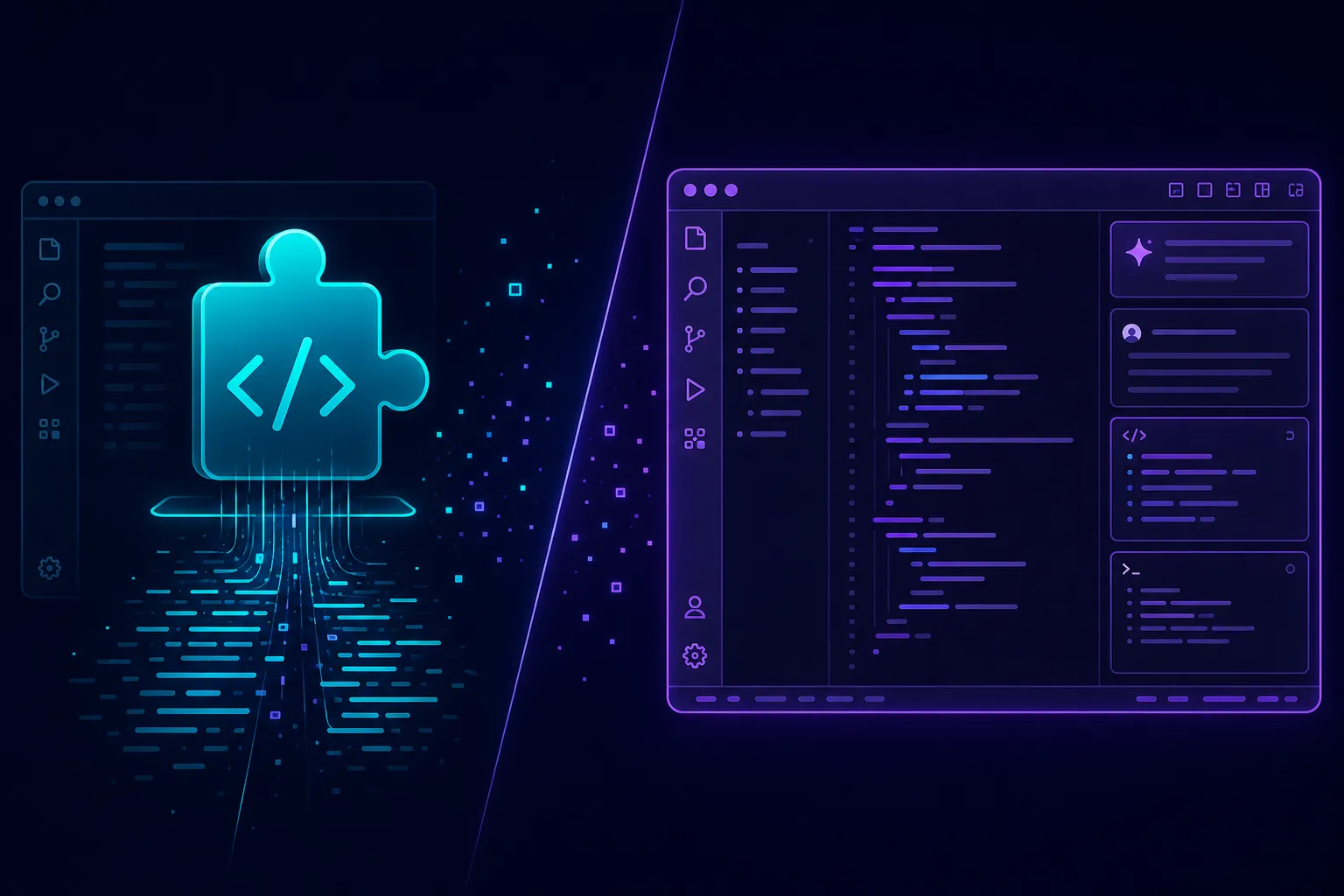 Ilustração comparativa mostrando GitHub Copilot como extensão (ciano) versus Cursor como IDE completa (roxo) em composição split-screen