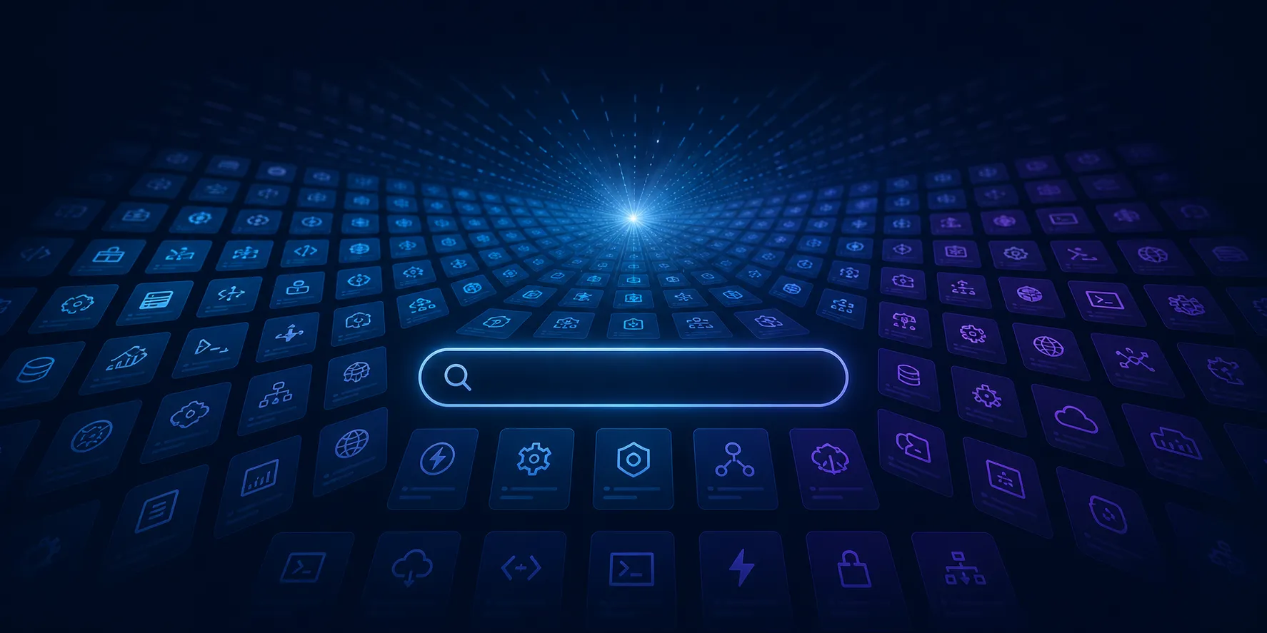 Marketplace massivo de agent skills com milhares de opções organizadas em grid convergindo para um ponto de busca central