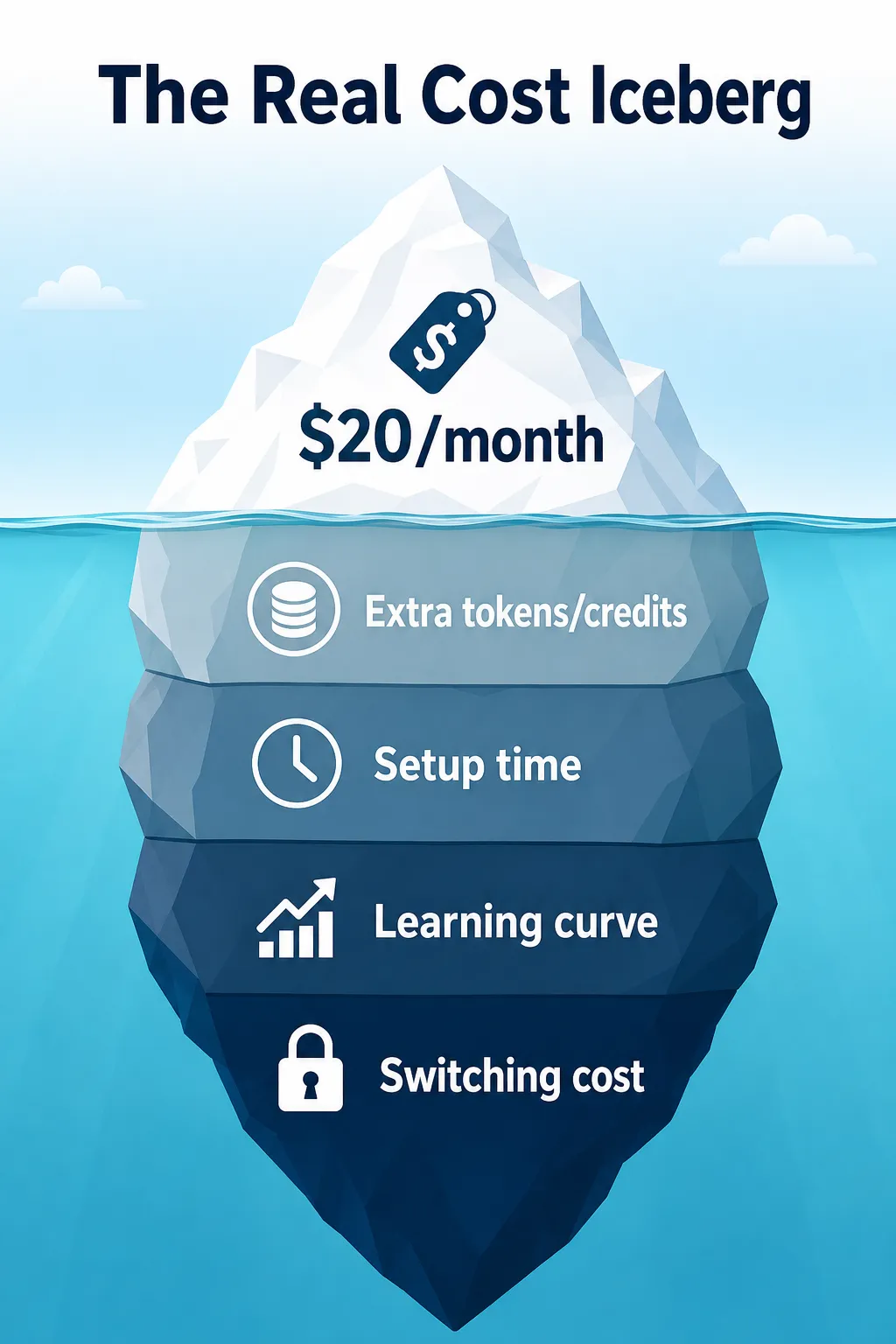 Metáfora do iceberg mostrando que o preço mensal é apenas a parte visível do custo real de um agente de codificação, com custos ocultos de tokens, setup, aprendizado e lock-in abaixo da superfície