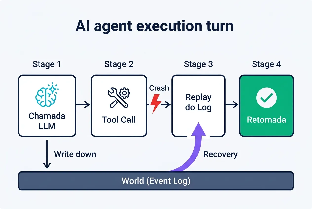 Diagrama horizontal em quatro etapas mostrando uma chamada ao modelo gravada no Event Log (World), uma chamada de ferramenta interrompida por crash, o replay automático do log em uma nova instância e a retomada concluída com sucesso