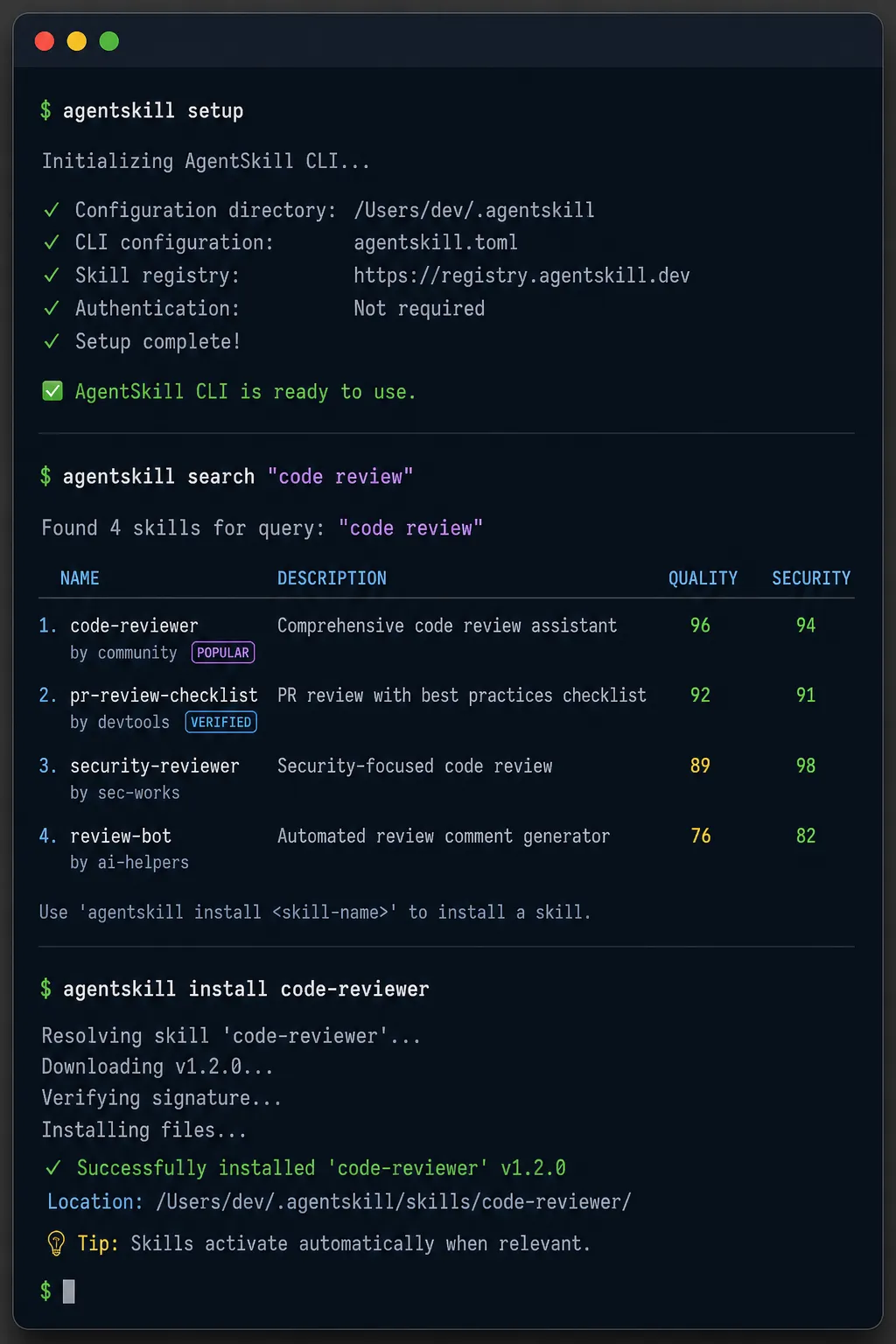 Terminal mostrando o fluxo completo de setup, busca e instalação de skills via CLI do agentskill.sh