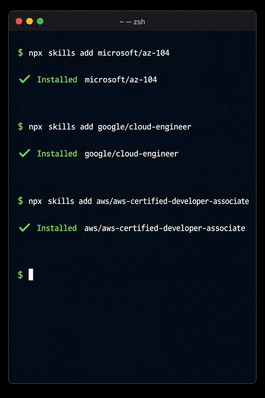 Terminal mostrando instalação de três skills oficiais via comando npx skills add com confirmações de sucesso