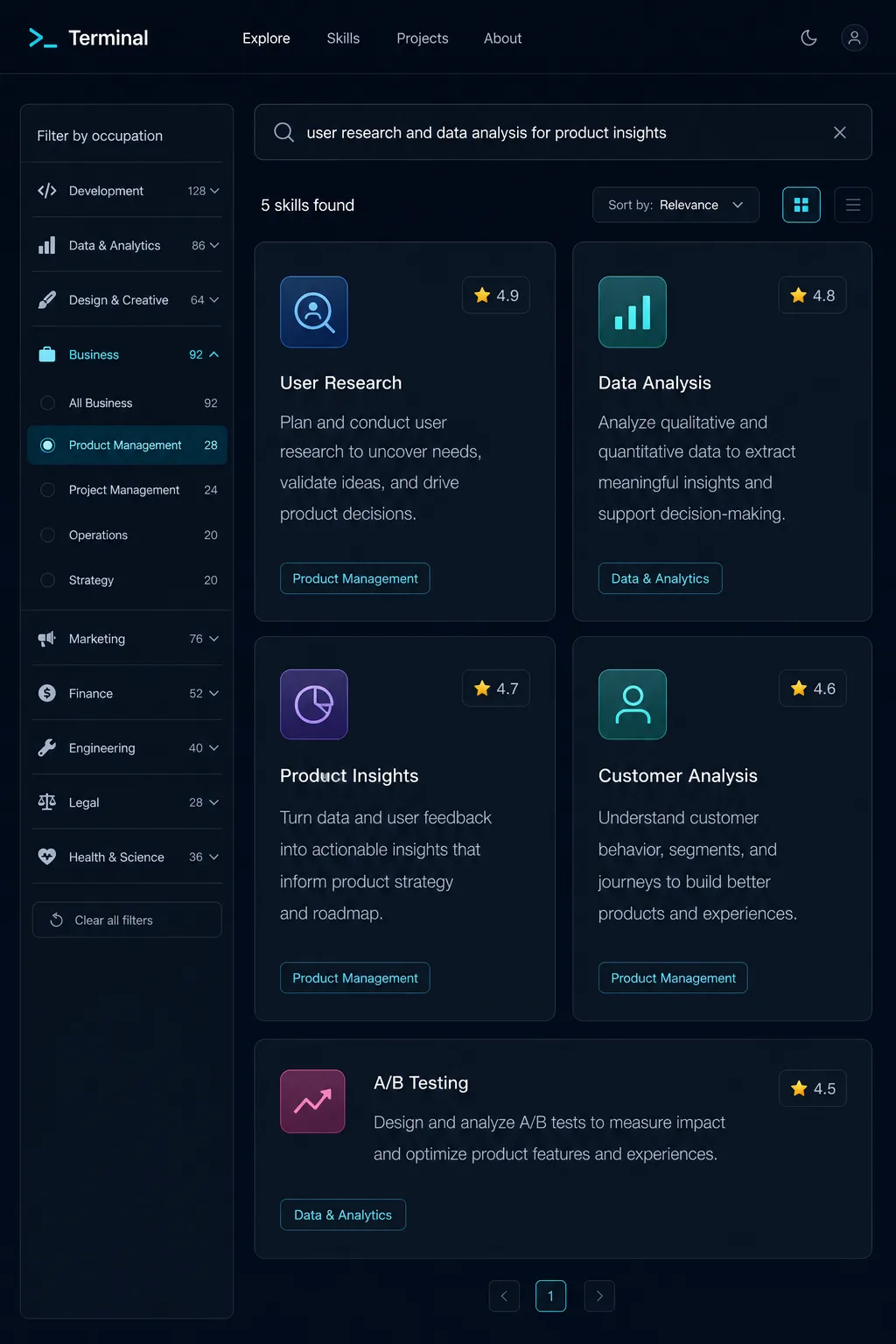 Mockup da interface do SkillsMP mostrando busca semântica com resultados filtrados por ocupação profissional