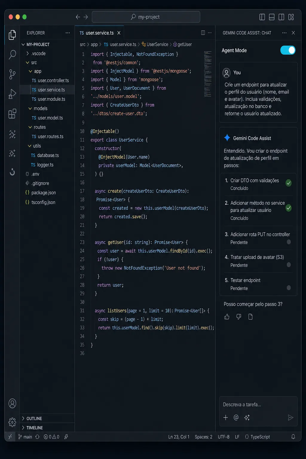 Mockup da interface do VS Code com Gemini Code Assist em agent mode executando uma tarefa de múltiplos passos