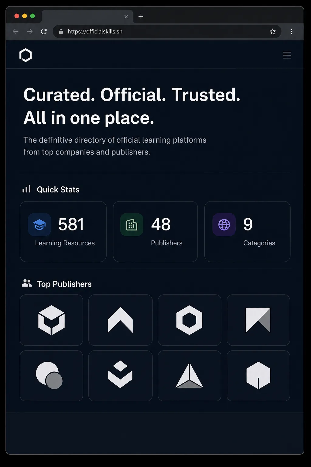 Mockup da interface web do officialskills.sh mostrando estatísticas e grid de publishers oficiais