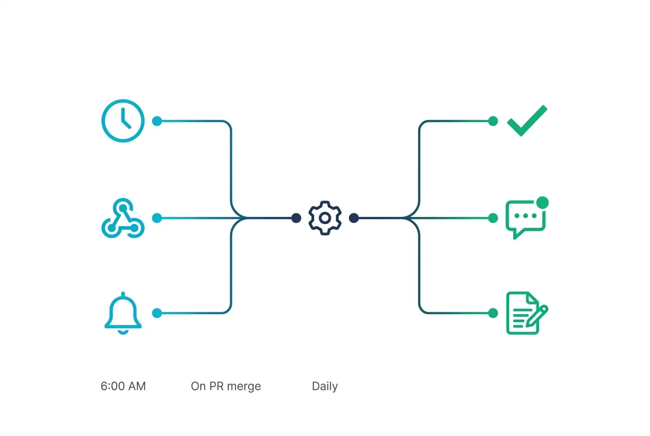 Diagrama de automação mostrando triggers (cron, webhook, eventos) conectando a ações automatizadas pelo Kiro Crew