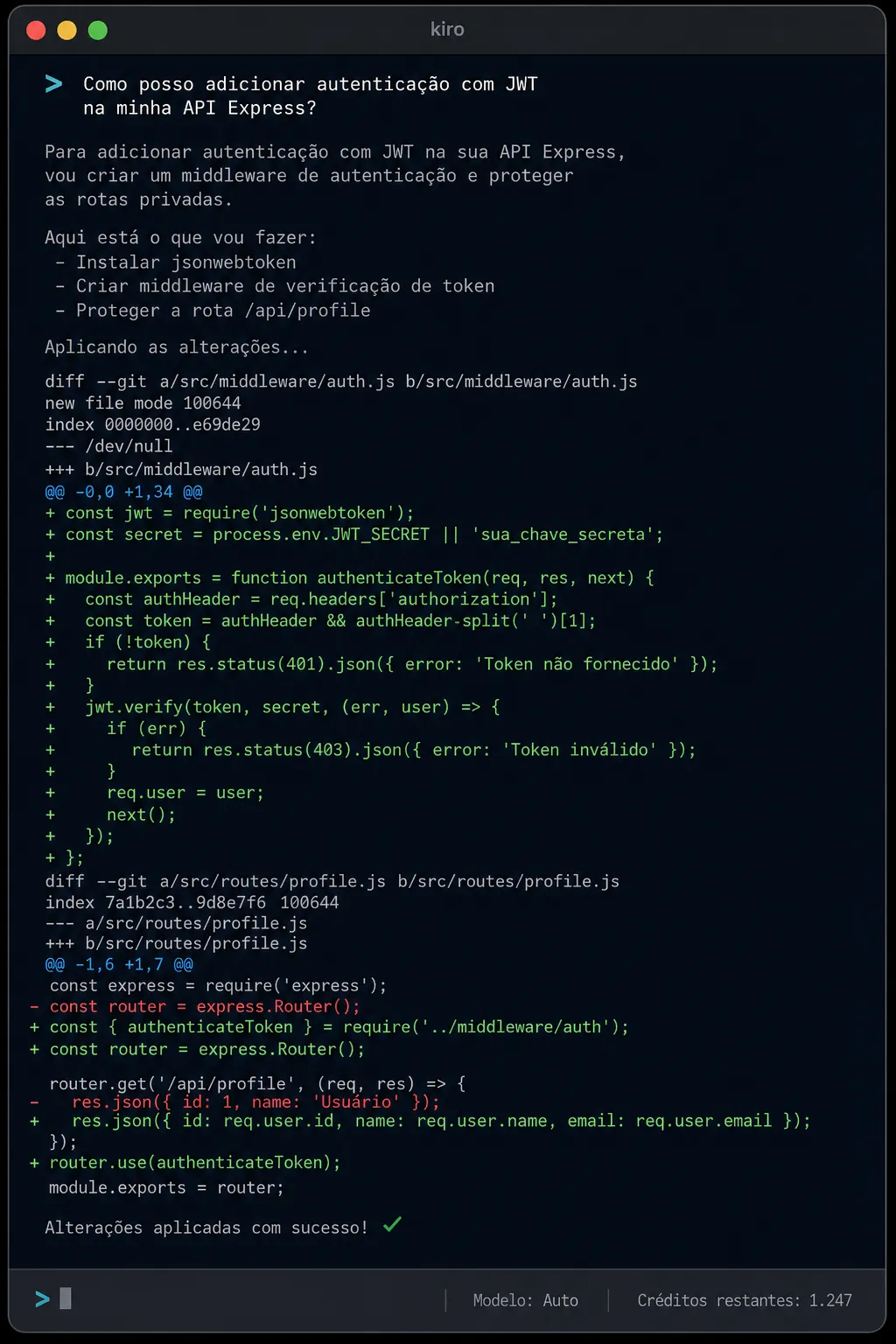 Mockup do Kiro CLI em sessão interativa no terminal, mostrando conversa com o agente e código gerado com diff highlights