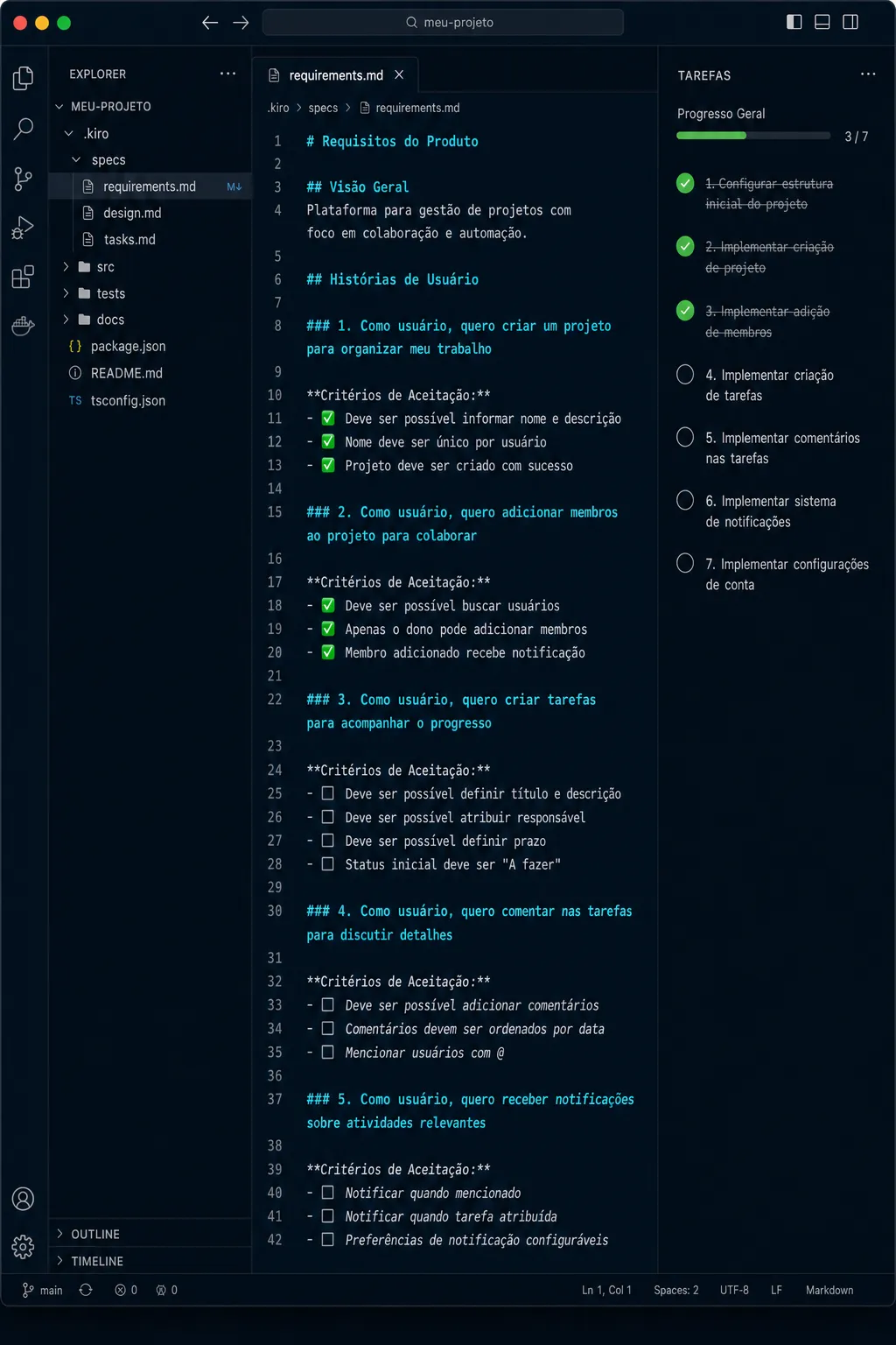 Mockup da interface do Kiro IDE mostrando specs com requisitos, design e lista de tarefas com indicador de progresso