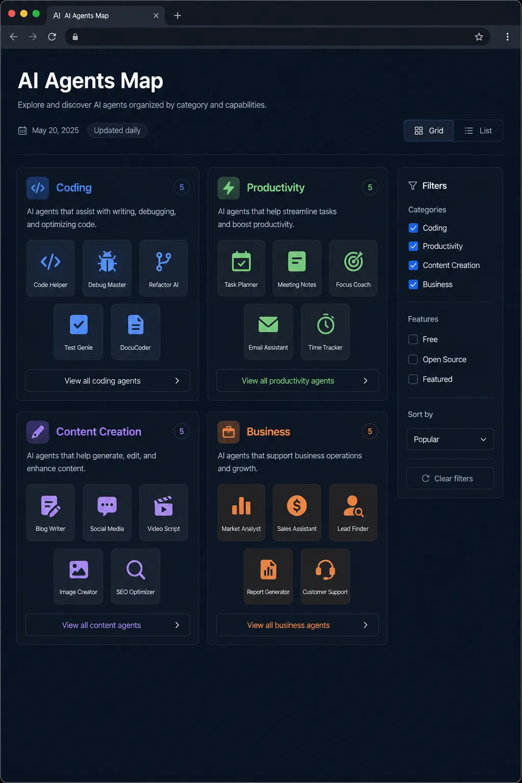 Mockup do Landscape Map interativo mostrando categorias de agentes organizadas visualmente por clusters coloridos