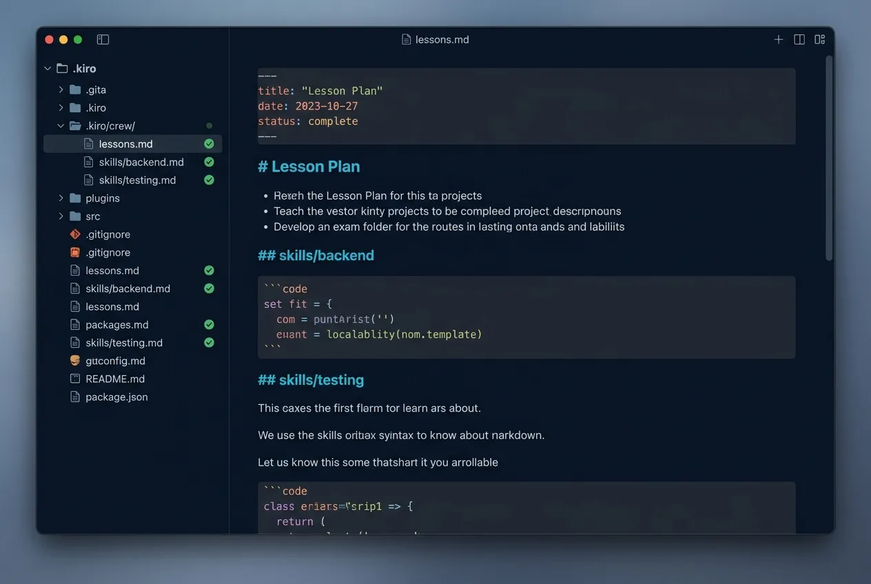 Mockup de editor mostrando arquivos Markdown de lessons e skills do Kiro Crew, com estrutura de pastas visível