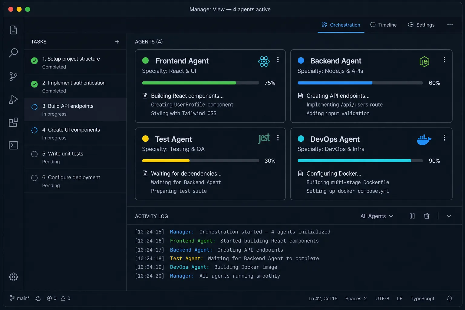 Mockup do Manager View mostrando 4 agentes trabalhando em paralelo com status, progresso e log de atividade individual