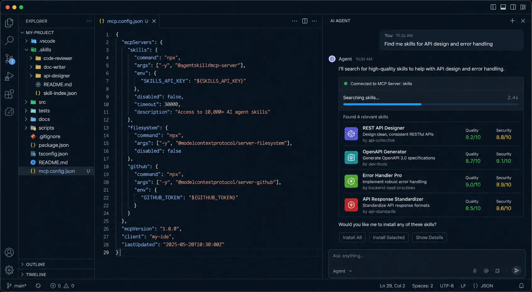 Interface de IDE mostrando um agente usando o MCP Server do agentskill.sh para buscar e instalar skills automaticamente