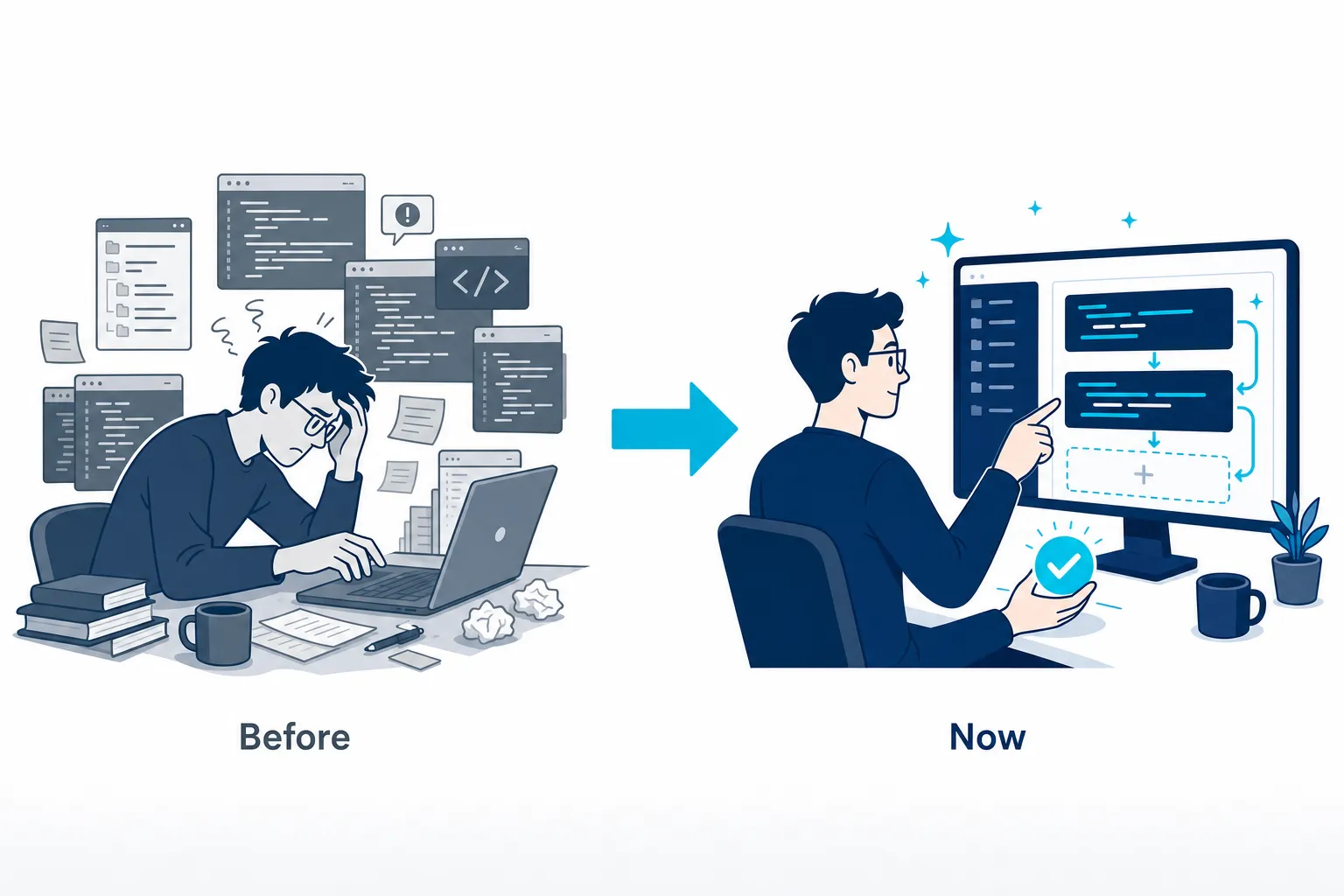 Ilustração mostrando a evolução do papel do desenvolvedor: de escritor de código intensivo para revisor e arquiteto com agentes de IA