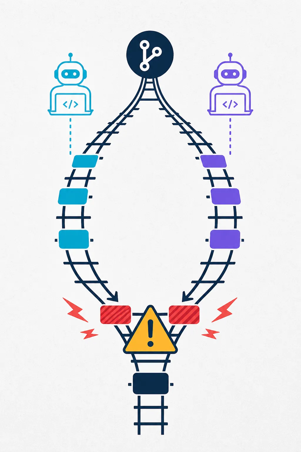 Ilustração do problema de merge conflicts em multi-agente, mostrando dois caminhos de código que conflitam ao convergir