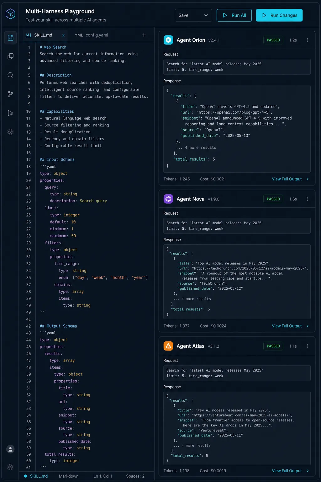 Mockup do Playground do skillscatalog.ai testando uma skill simultaneamente em três agentes diferentes