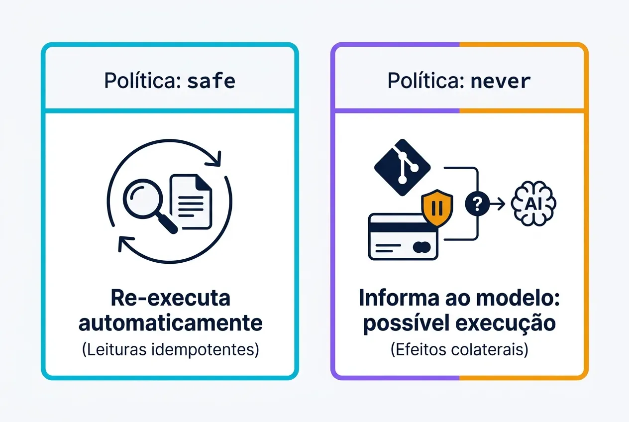 Comparação lado a lado entre a política safe, onde ferramentas de leitura são re-executadas automaticamente após uma falha, e a política never, onde ferramentas com efeitos colaterais retornam ao modelo como possivelmente executadas para verificação antes de repetir