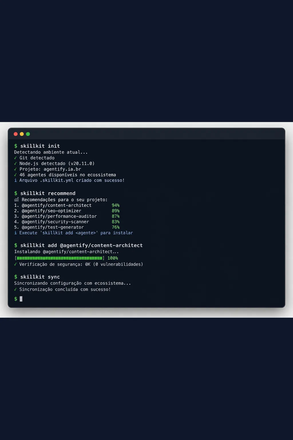 Terminal mostrando os quatro comandos iniciais do SkillKit: init, recommend, add e sync com seus outputs