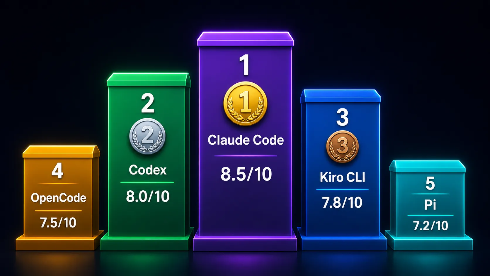 Ranking visual dos 5 melhores CLIs de codificação em 2026 com pontuações — Claude Code em primeiro com 8.5/10